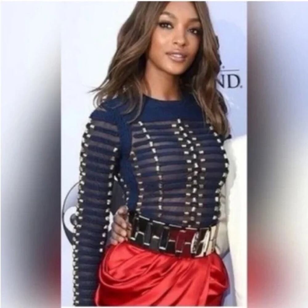 BALMAIN x H&M Rope Top Blouse Shirt Gold Blue Sheer Mesh Size US 10